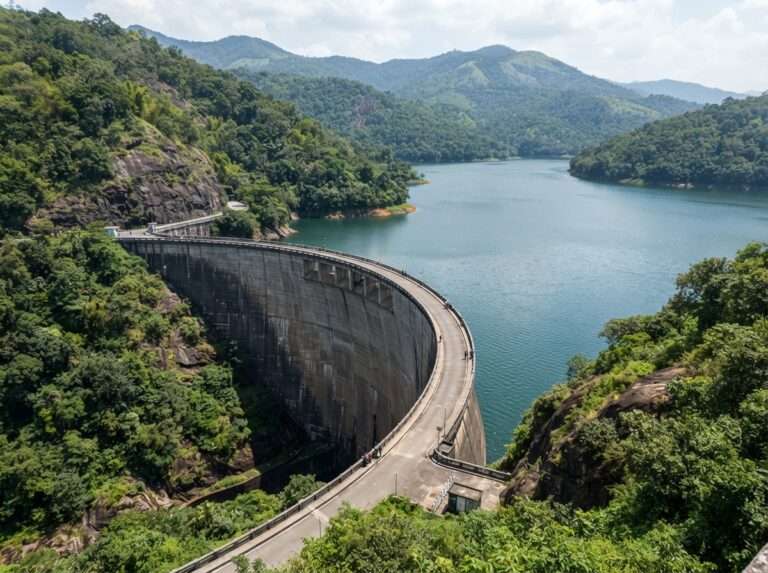 The Idukki arch dam curving between two granite hills over a full reservoir, Idukki, Kerala, India