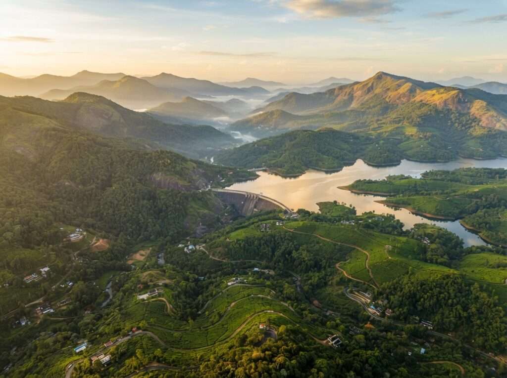 Aerial view of Idukki, Kerala, India, at golden hour