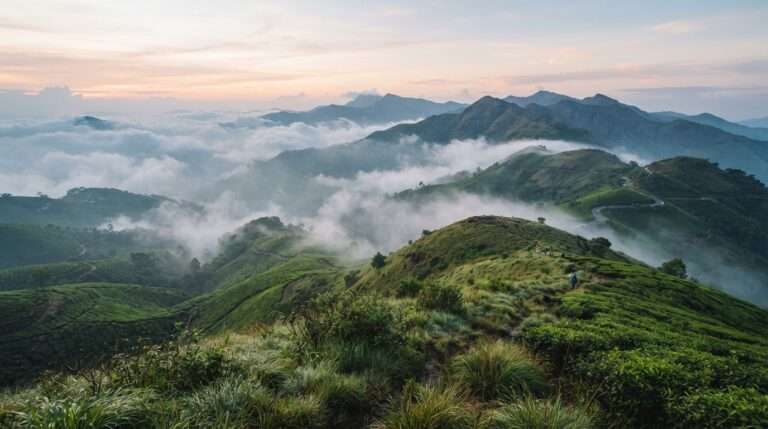 Misty hilltop grasslands and tea slopes at dawn with clouds below the ridge, soft pastel light, Ponmudi, Kerala, India