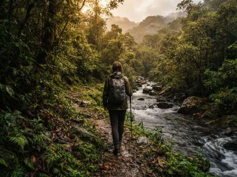 A traveller on a short forest trail beside a rain-swollen stream, in a rain jacket, Ponmudi, Kerala, India