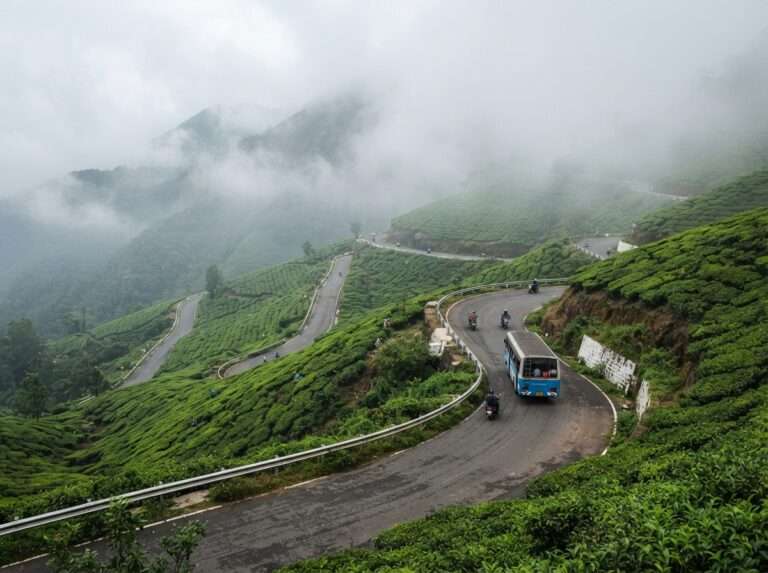 The winding hairpin road climbing through tea slopes into thick mist, Ponmudi, Kerala, India