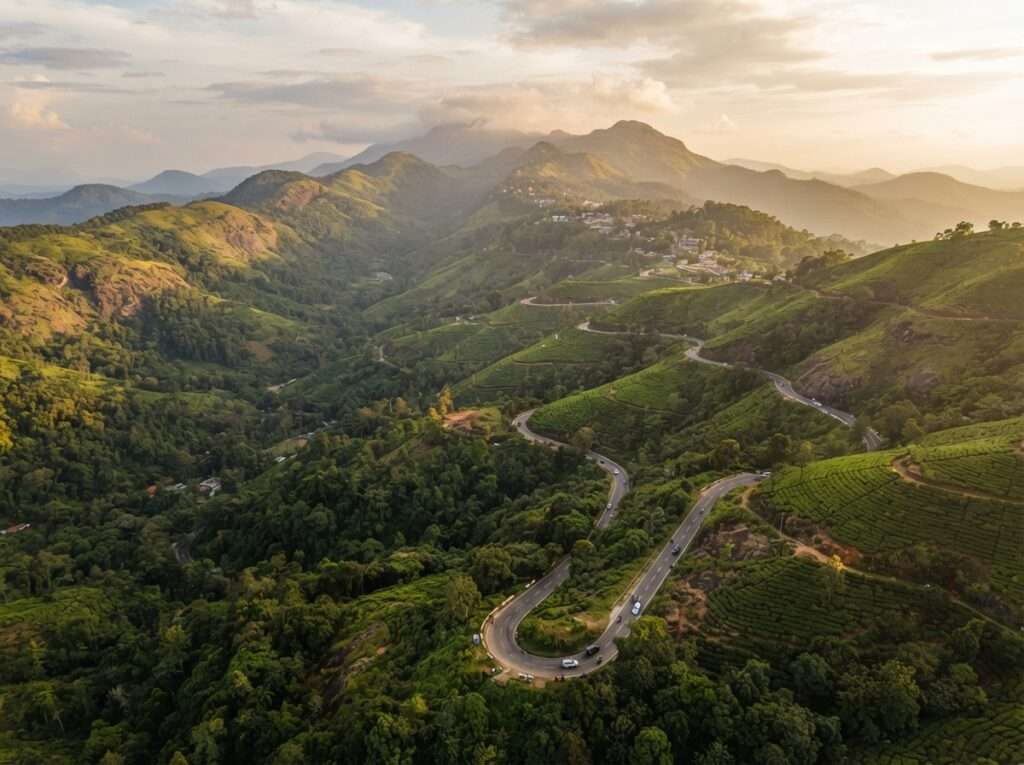 Aerial view of Ponmudi, Kerala, India, at golden hour