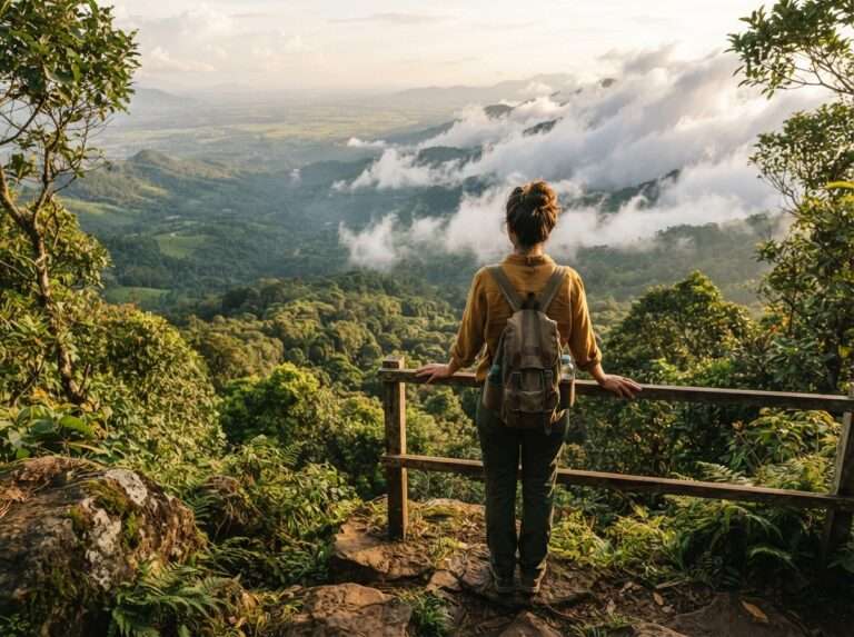 A traveller at a forest viewpoint looking out over the plains as clouds drift past, Nelliyampathy, Kerala, India