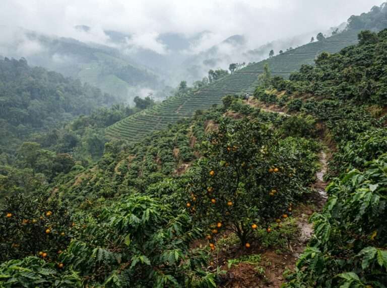 Orange and coffee plantation rows on misty hill slopes, Nelliyampathy, Kerala, India
