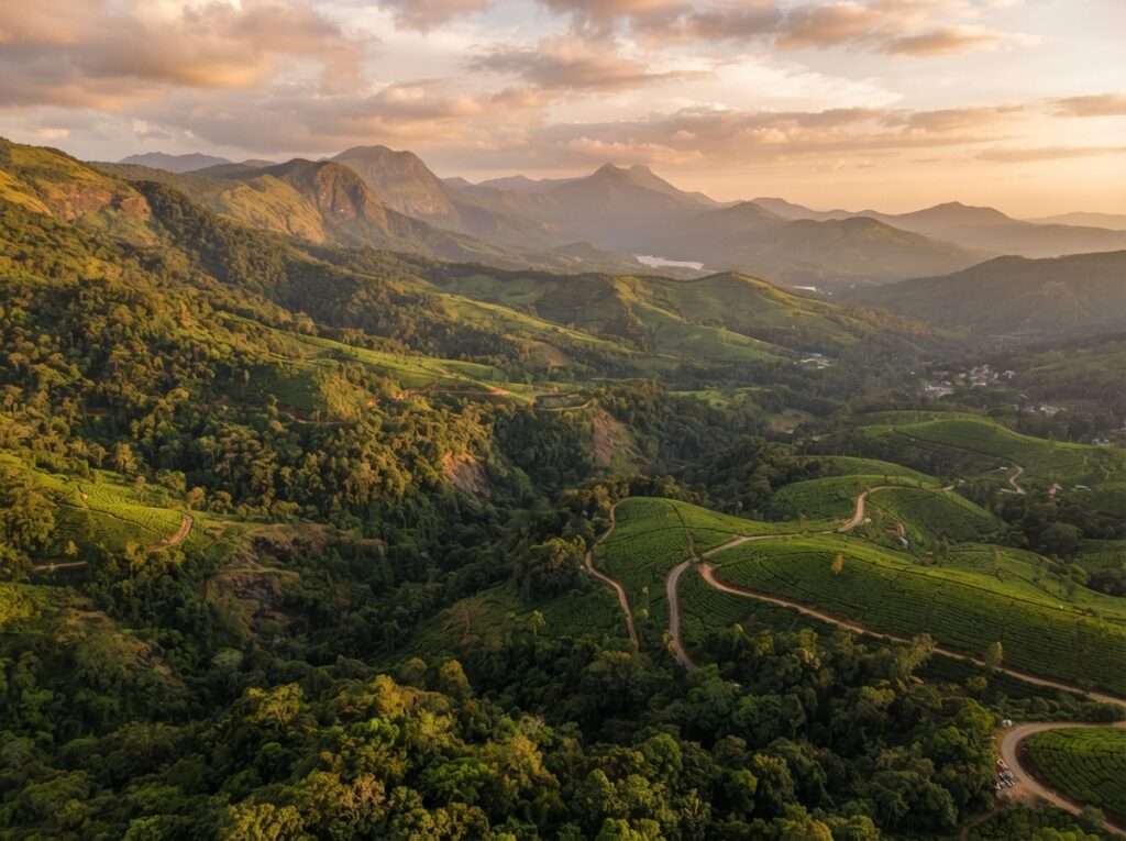 Aerial view of Nelliyampathy, Kerala, India, at golden hour