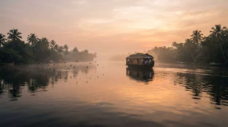 Ashtamudi Lake at dawn with birds over calm water and a houseboat in the distance, Ashtamudi Lake, Kerala, India