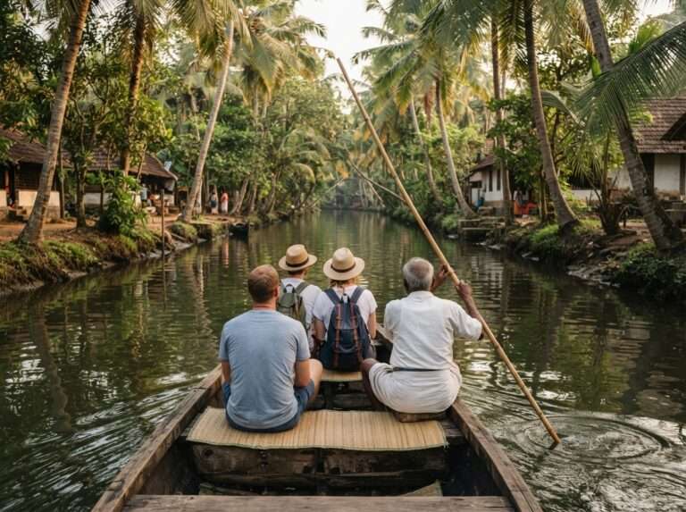 Travellers on a village canoe trip through narrow palm-lined channels,, the boatman poling, Ashtamudi Lake, Kerala, India