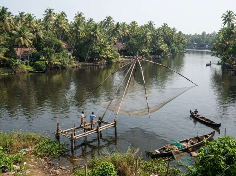 Palm-fringed backwater channels of Ashtamudi Lake with Chinese fishing nets at the water's, Ashtamudi Lake, Kerala, India