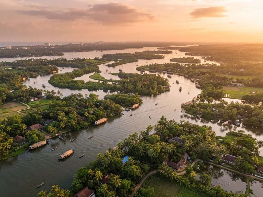 Aerial view of Ashtamudi Lake, Kerala, India, at golden hour