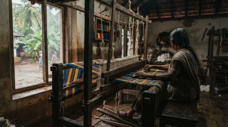 Handloom weaving loom with colourful cotton threads in a traditional Kannur workshop, Kannur, Kerala, India