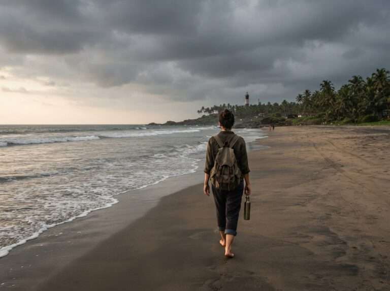 A traveller walking along the broad, near-empty Payyambalam Beach under a grey monsoon sky, Kannur, Kerala, India