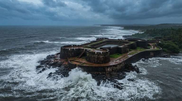 Aerial view of Bekal Fort against a grey churning monsoon ocean with waves breaking on the rocks, Bekal, Kerala, India