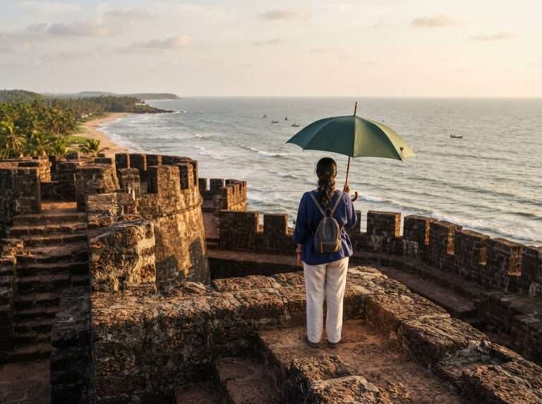 A traveller with an umbrella on the fort's observation tower looking out to sea, Bekal, Kerala, India