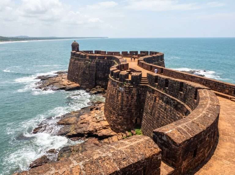 The great curved laterite ramparts of Bekal Fort jutting into the sea, Bekal, Kerala, India