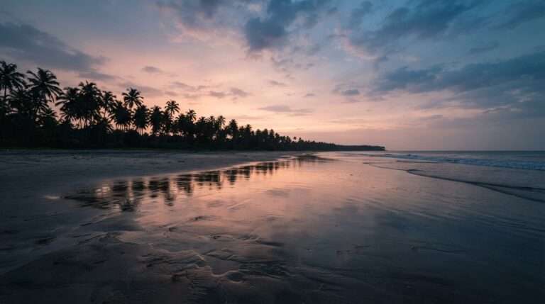 An empty Marari Beach at sunset after rain, Mararikulam, Kerala, India