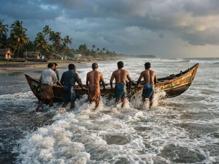 Fishermen pushing a boat out into the surf between monsoon squalls, at mid-distance, Mararikulam, Kerala, India
