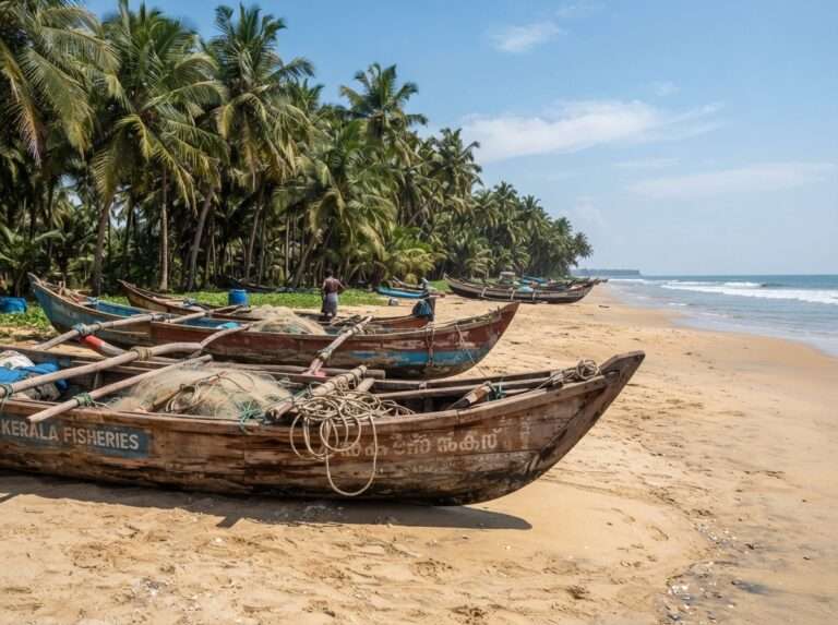 Traditional wooden fishing boats pulled up on the quiet golden sand of Marari Beach lined, Mararikulam, Kerala, India