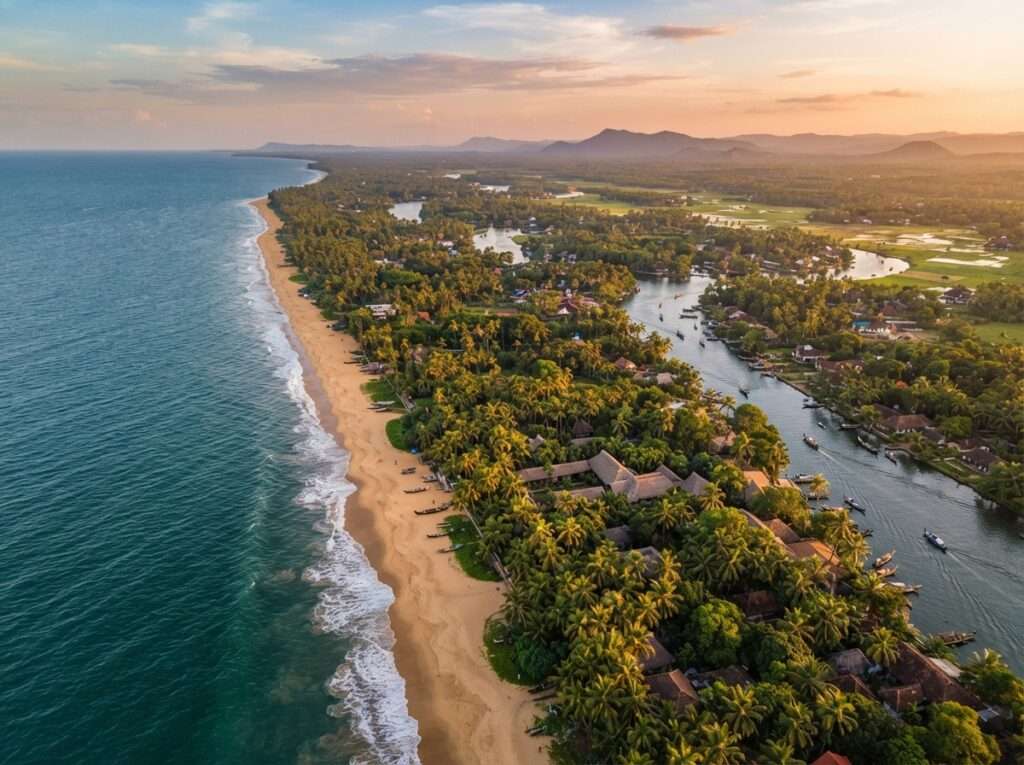 Aerial view of Mararikulam, Kerala, India, at golden hour