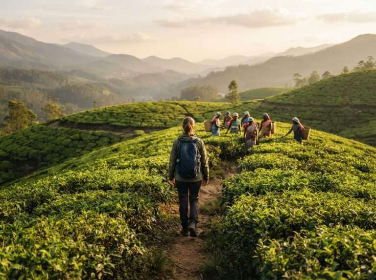 A traveller walking a narrow path through a tea estate in early morning, tea pluckers at mid-distance, Munnar, Kerala, India
