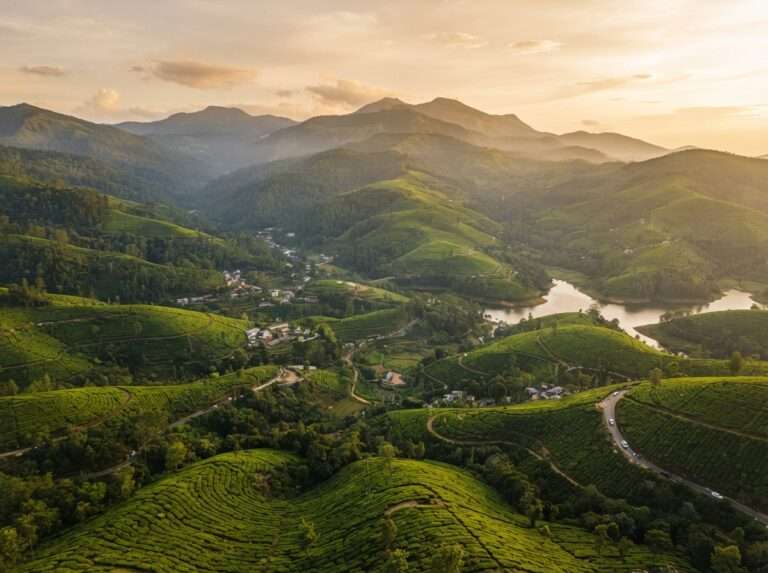 Aerial view of Munnar, Kerala, India, at golden hour