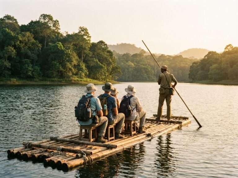 Travellers on a bamboo raft on Periyar Lake inside Periyar Tiger Reserve, Thekkady (Periyar), Kerala, India