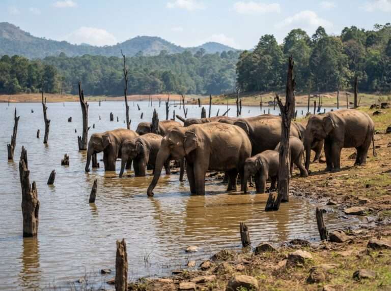 A herd of wild elephants at the edge of Periyar Lake in the dry season, Thekkady (Periyar), Kerala, India