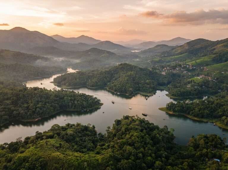 Aerial view of Thekkady (Periyar), Kerala, India, at golden hour