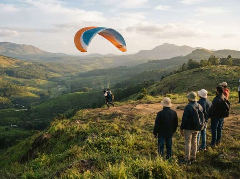 A paraglider launching off a grassy hilltop at Vagamon in March, spectators at a distance, Vagamon, Kerala, India