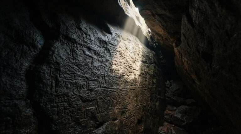 Ancient rock carvings on the walls inside Edakkal Caves lit by a shaft of soft natural light, Wayanad, Kerala, India