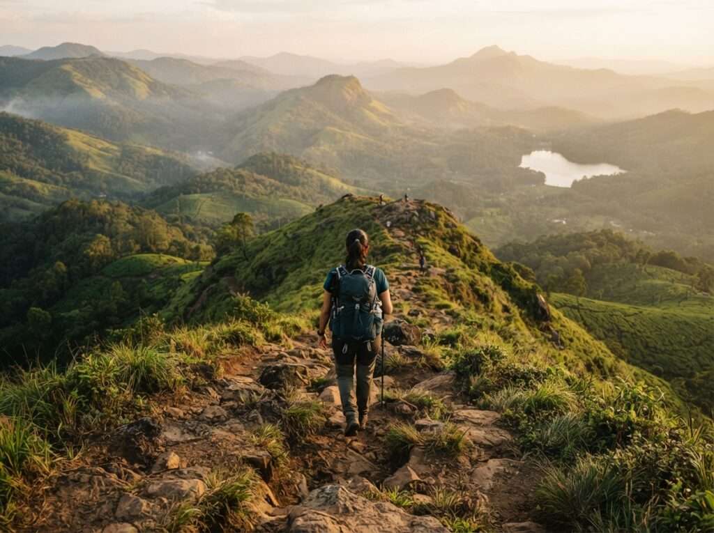 A trekker climbing the Chembra Peak trail in early morning, Wayanad hills below, Wayanad, Kerala, India