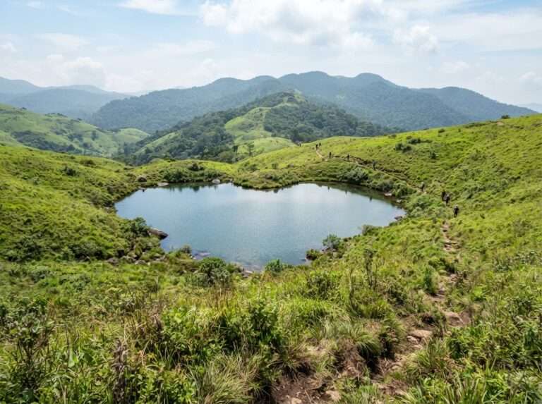 The heart-shaped lake Hridaya Saras on the Chembra Peak trail, green grassy slopes around it, Wayanad, Kerala, India