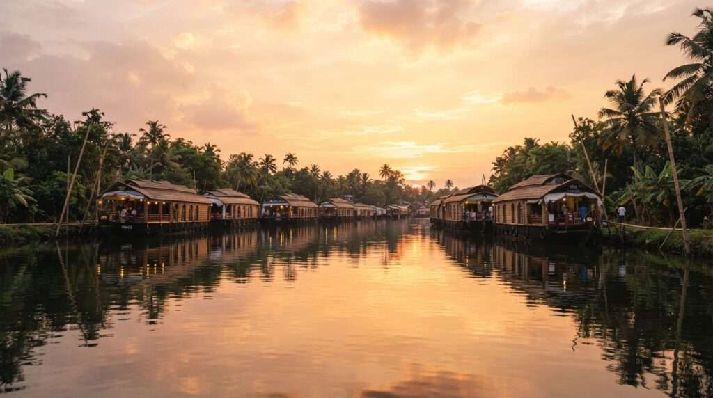 A couple relaxing on the covered deck of a moored houseboat beside green paddy fields, Alleppey (Alappuzha), Kerala, India