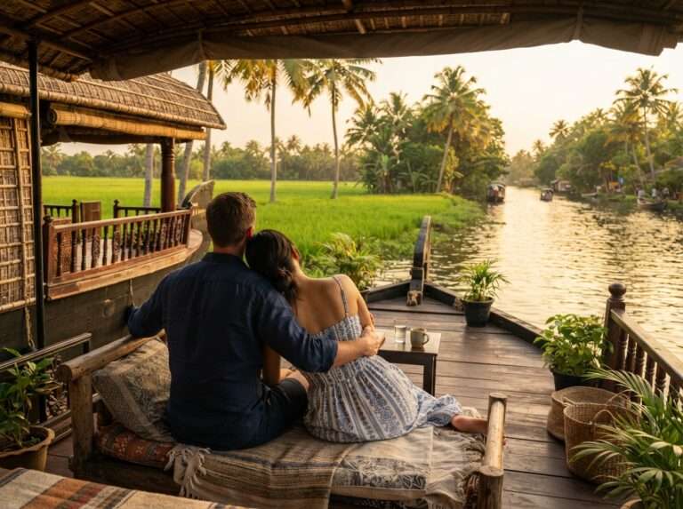 A couple relaxing on the covered deck of a moored houseboat beside green paddy fields, Alleppey (Alappuzha), Kerala, India