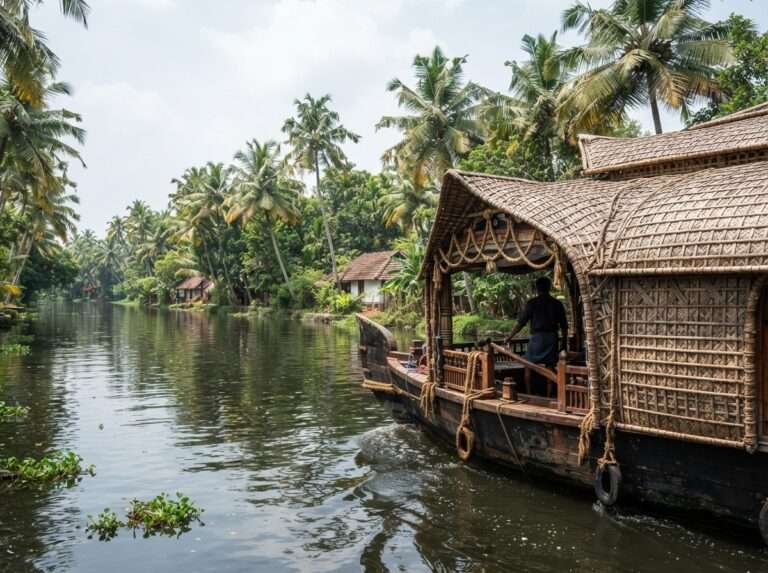 A traditional kettuvallam houseboat with a woven bamboo roof on a palm-lined Kuttanad, Alleppey (Alappuzha), Kerala, India