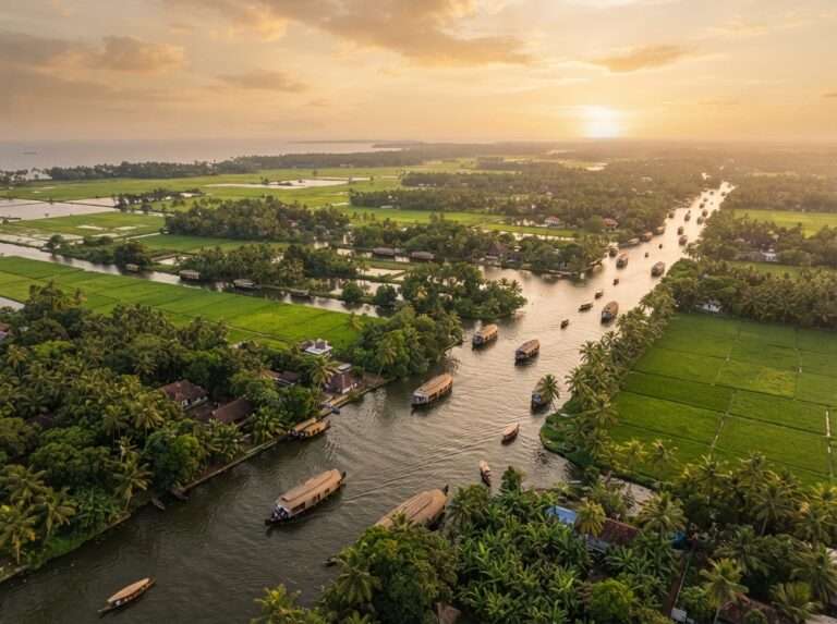 Aerial view of Alleppey (Alappuzha), Kerala, India, at golden hour
