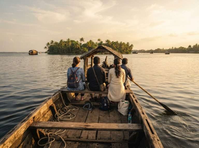 Travellers on a wooden country boat crossing Vembanad Lake toward Pathiramanal island, Kumarakom, Kerala, India