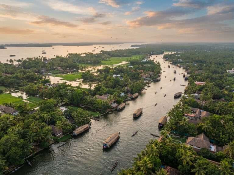 Aerial view of Kumarakom, Kerala, India, at golden hour