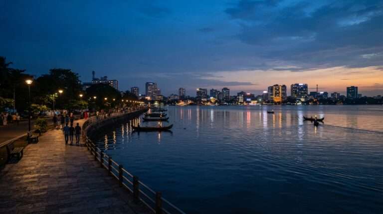 Blue hour along Marine Drive, Kochi, city lights reflecting on the backwater, Kochi (Cochin), Kerala, India