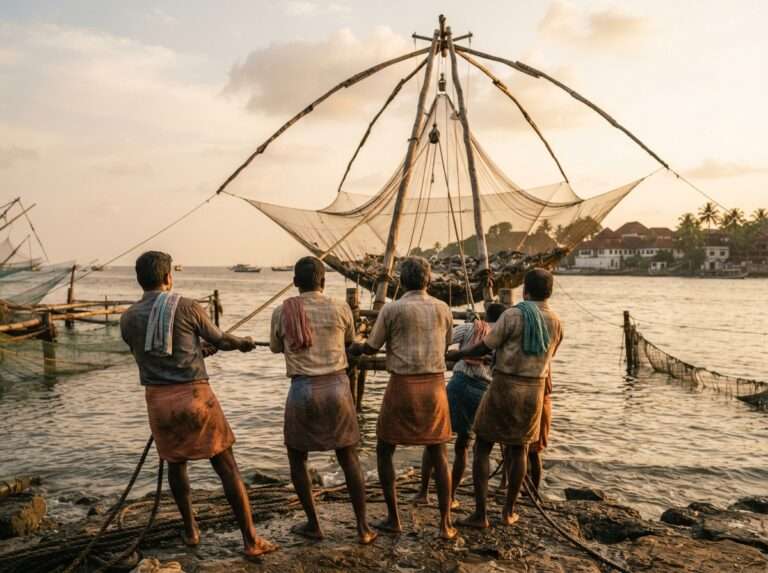 Fishermen hauling a Chinese fishing net at Fort Kochi in the early morning, Kochi (Cochin), Kerala, India