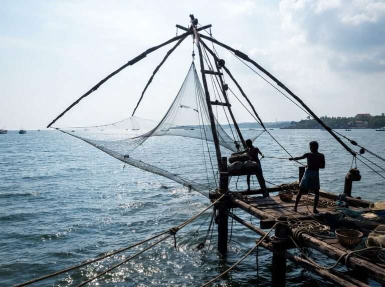 The Chinese fishing nets at Fort Kochi silhouetted against the sea, Kochi (Cochin), Kerala, India
