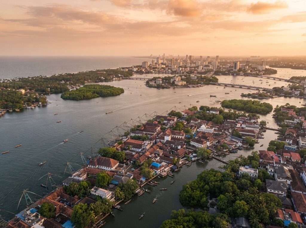 Aerial view of Kochi (Cochin), Kerala, India, at golden hour
