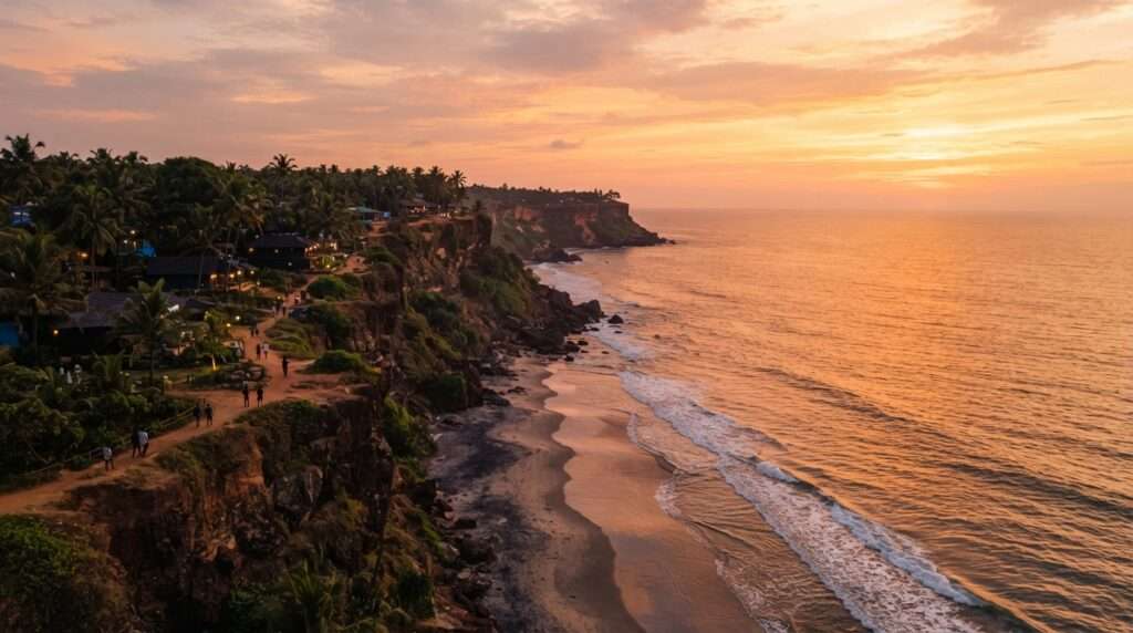 Aerial view of the Varkala cliff edge at sunset, Varkala, Kerala, India