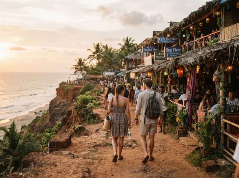 Travellers strolling the North Cliff path lined with palm-thatched cafes, Varkala, Kerala, India
