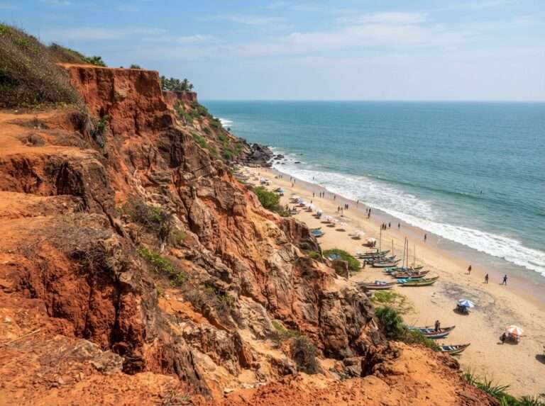 The red laterite cliffs of Varkala dropping onto Papanasam Beach, calm turquoise sea, Varkala, Kerala, India