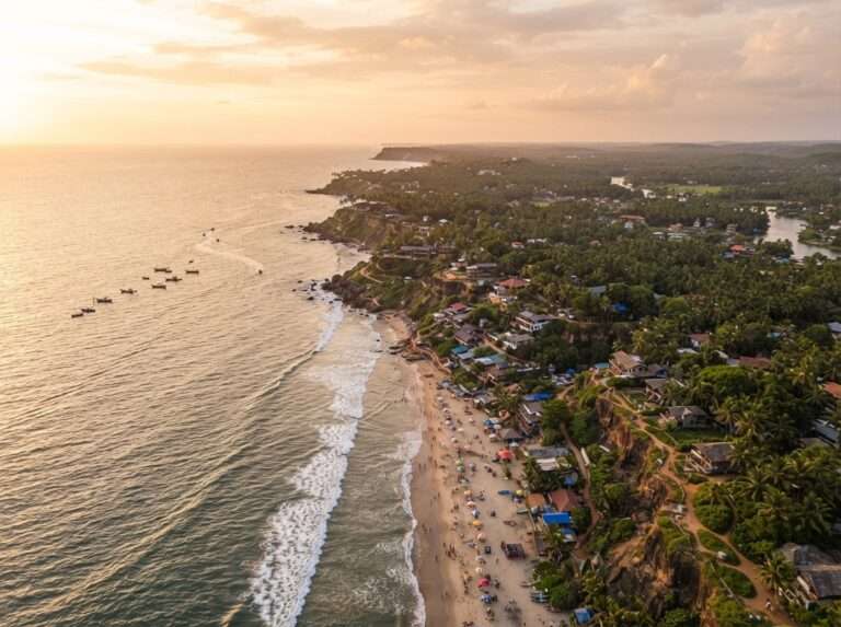Aerial view of Varkala, Kerala, India, at golden hour