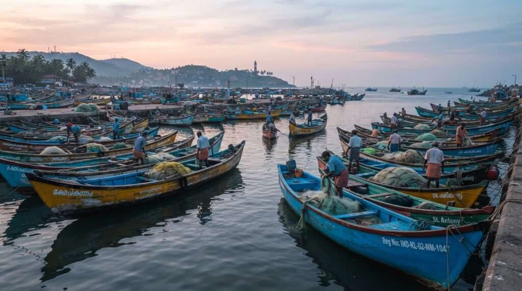 Alt: Early-morning colourful fishing boats in Vizhinjam fishing harbour next to Kovalam, soft pastel light, Kovalam, Kerala, India