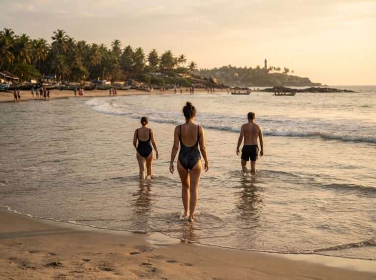 Swimmers wading into the calm sea at Hawah Beach in late afternoon, Kovalam, Kerala, India