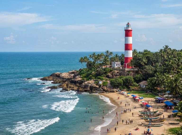 The red-and-white striped lighthouse above Lighthouse Beach at Kovalam, curved crescent shoreline, Kovalam, Kerala, India