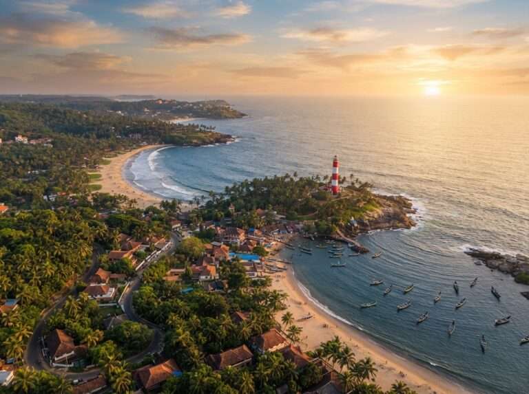 Aerial view of Kovalam, Kerala, India, at golden hour