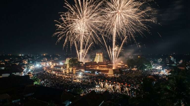 Night fireworks bursting over the Vadakkunnathan Temple grounds during Thrissur Pooram, Thrissur, Kerala, India
